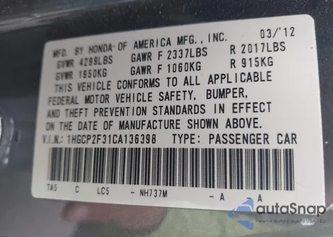 2012 Honda Accord 2.4 Lx из США, поврежденный, VIN 1HGCP2F31CA136398